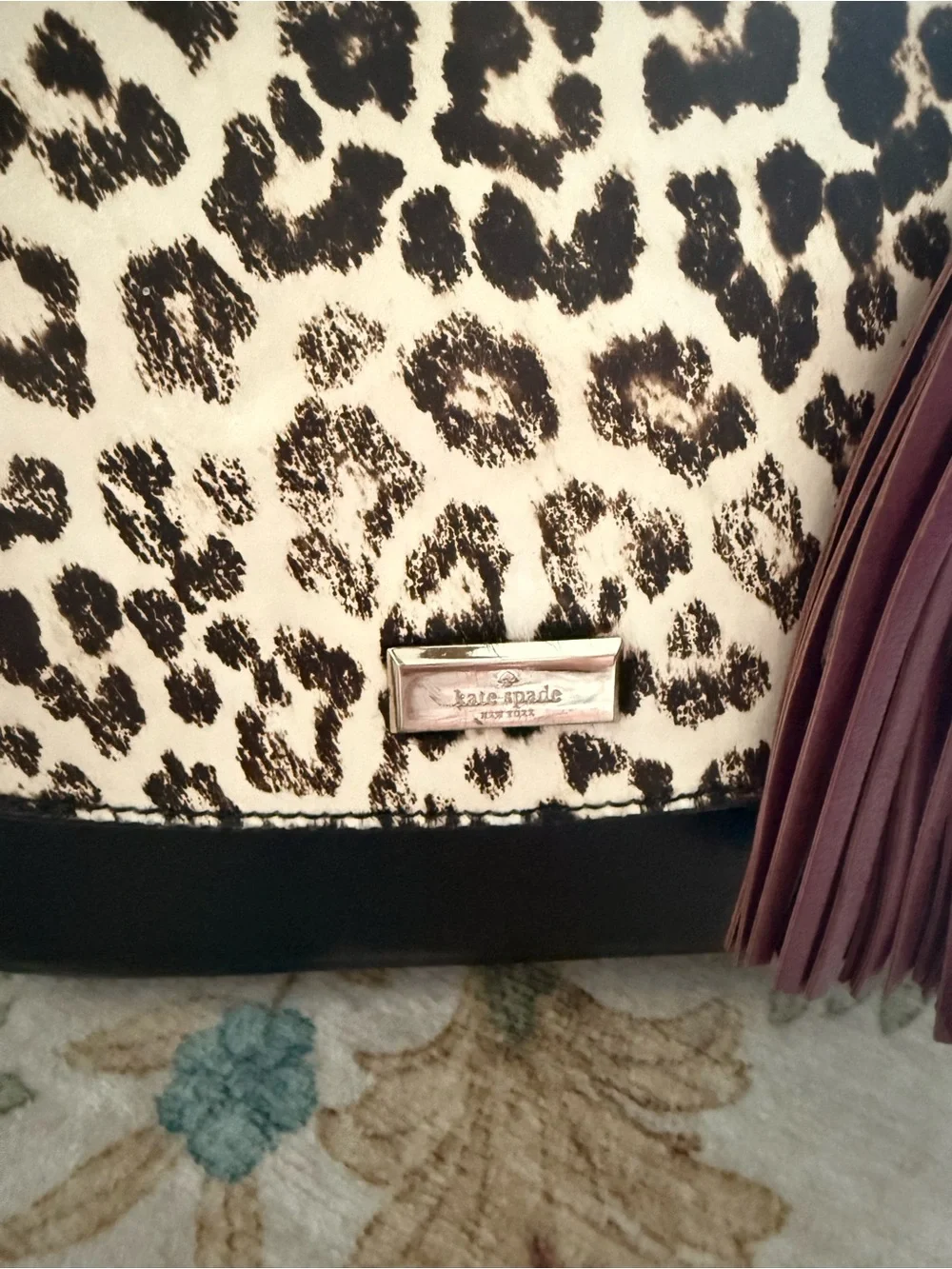 kate spade Black Tote with Leopard Pocket and Burgundy Tassel